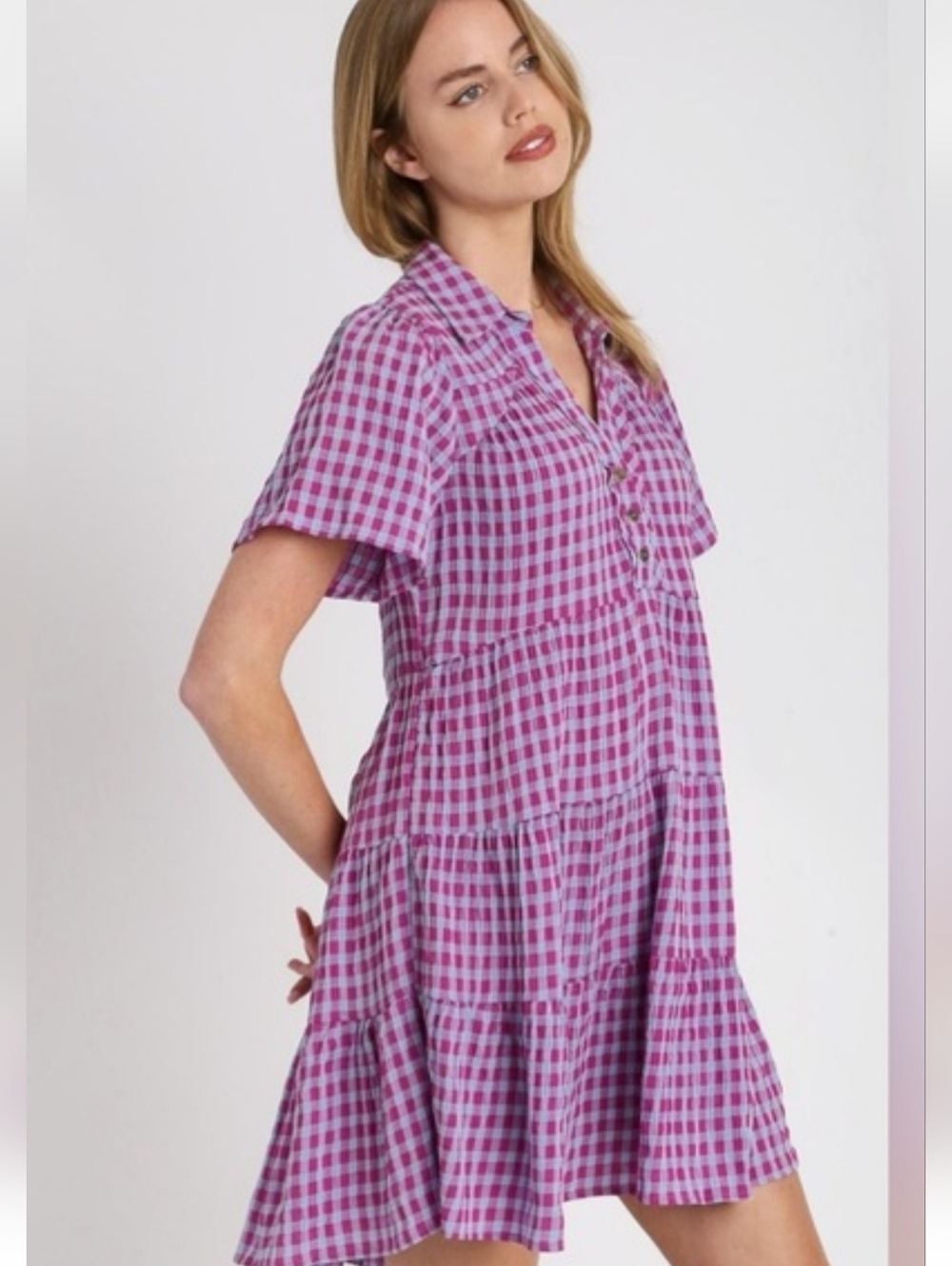 Umgee Violet Periwinkle Gingham Tiered Short Sleeve Button Front Baby Doll Dress